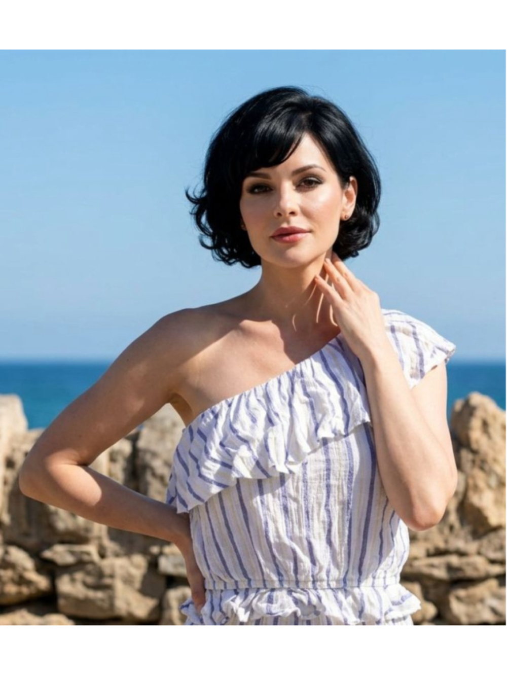 Japna White & Blue Striped One-Shoulder Crop Top Medium Ruffle Peplum Tank Top